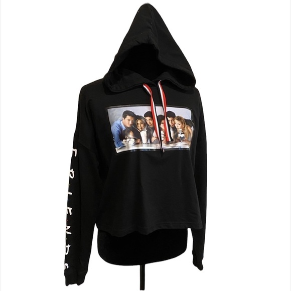 FRIENDS Cropped Long Sleeve Y2K Black Trendy Graphic Hoodie women’s size Small - Picture 1 of 7